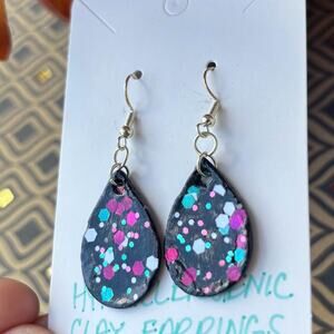 Handmade Black Glitter Teardrop Earrings: Polymer Clay, Hypoallergenic Jewelry